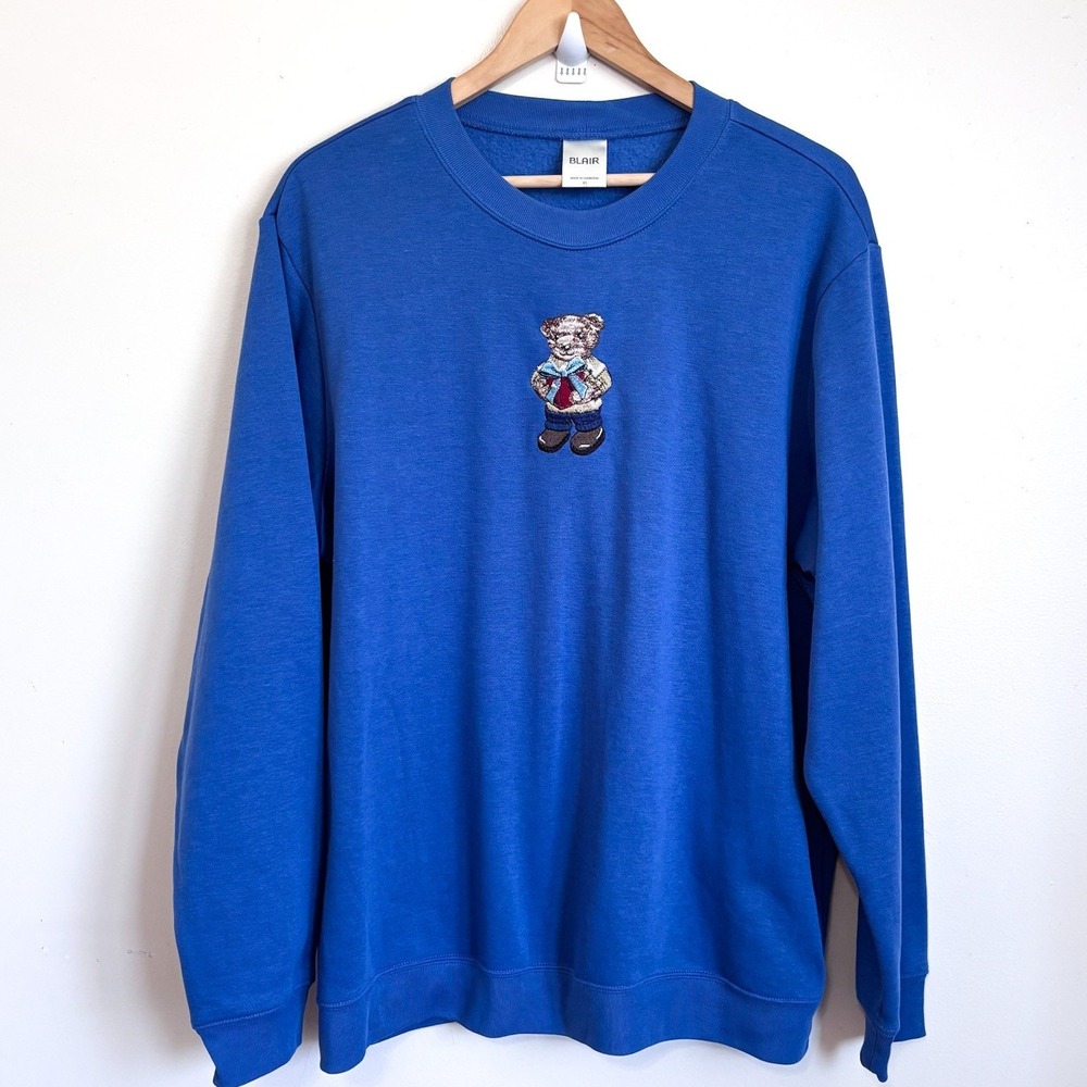 Blair Womens Teddy Bear Embroidered Sweatshirt XL Blue Preppy Crewneck